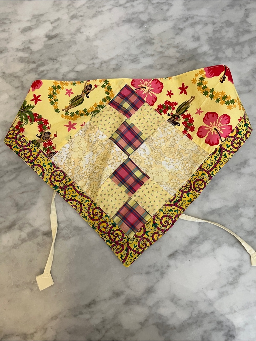 Handmade Aloha Yellow & Fuchsia Floral Hula Girl Patchwork Headscarf with Ties